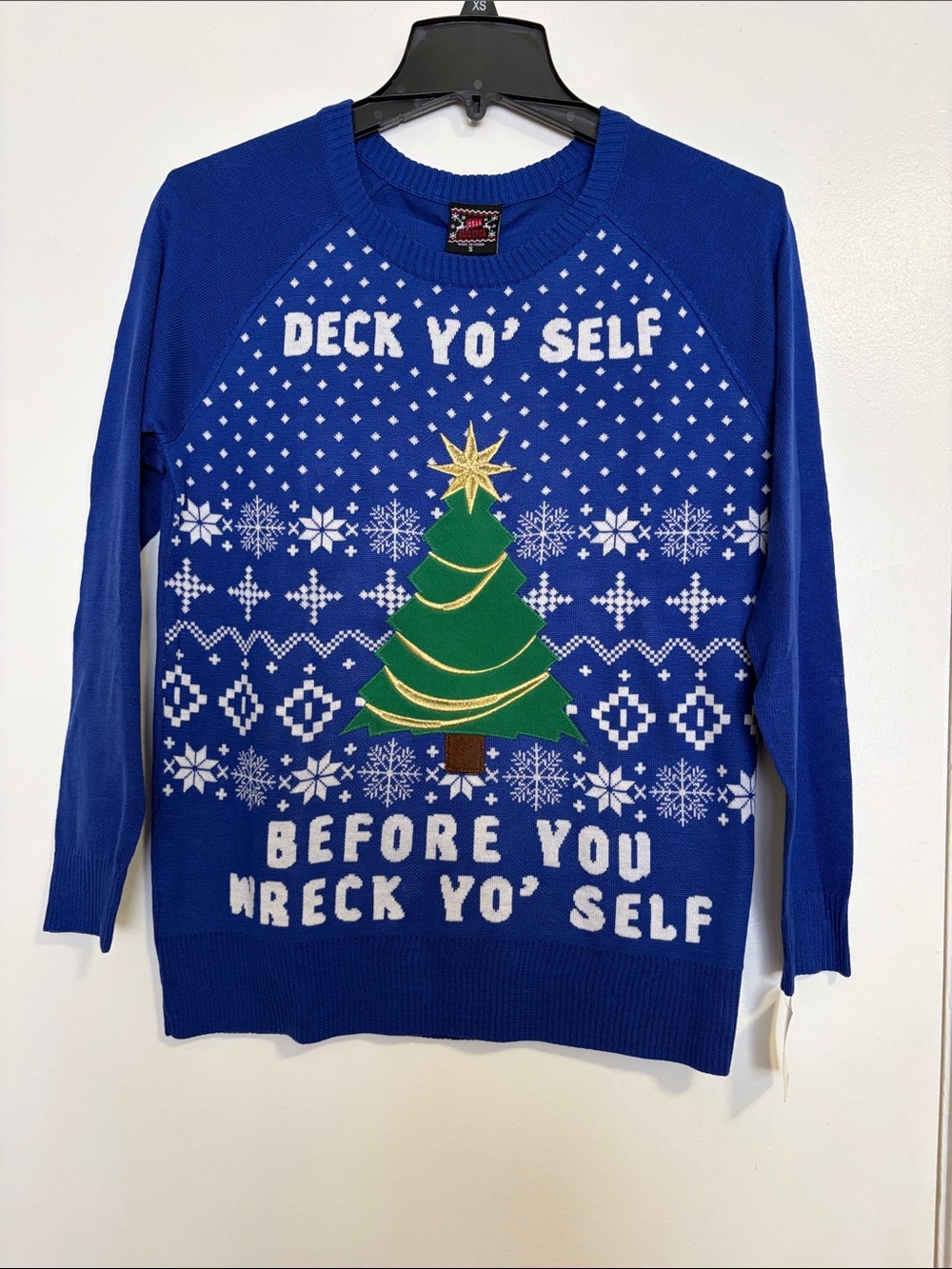 NWT: Women’s size S Blue Crewneck Christmas Tree Sweater with Velcro Ornaments
